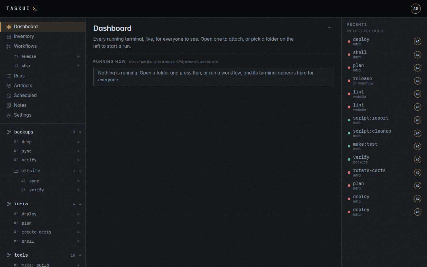 The dashboard: every terminal in progress, as it looks right now